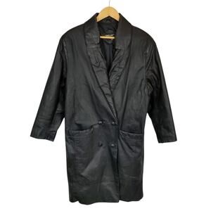 Pelle Vintage Women's Black Leather Double Breasted Trench Coat Lined Size Small